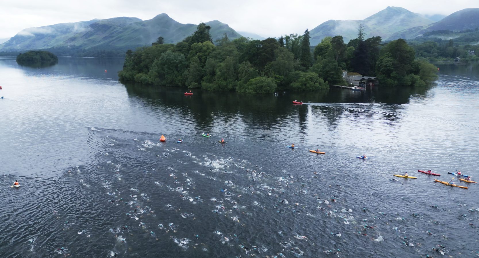 Aerial view of the Lakesman swim start on Derwentwater